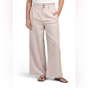 FRYE XL Sand White Vertical Striped Linen/Cotton High Waist Wide Leg Pants